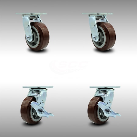 Service Caster 5 Inch Stainless Steel Polyurethane Swivel Caster Set with Roll Bearing 2 Brakes SCC-SS30S520-PPUR-2-TLB-2